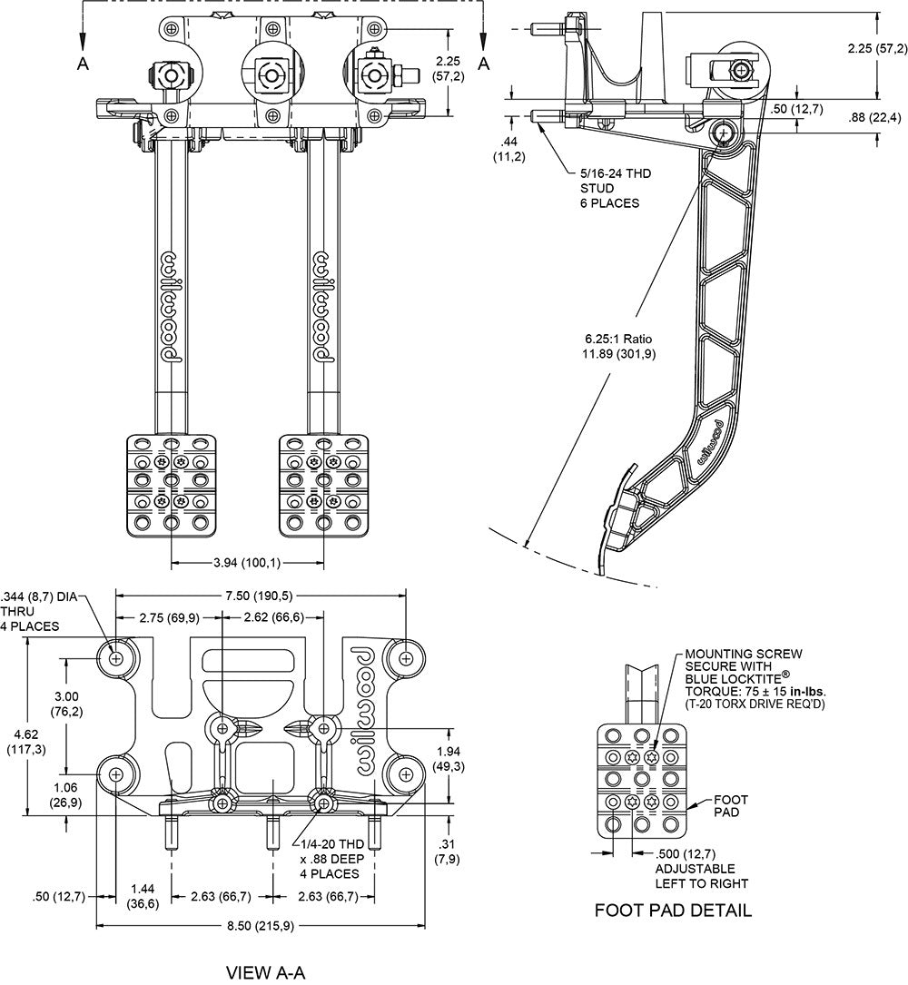 BRAKE & CLUTCH PEDALS,REVERSE SWING,6.25:1,W/ 3 MASTER CYLINDERS,3/4",7/8",1"