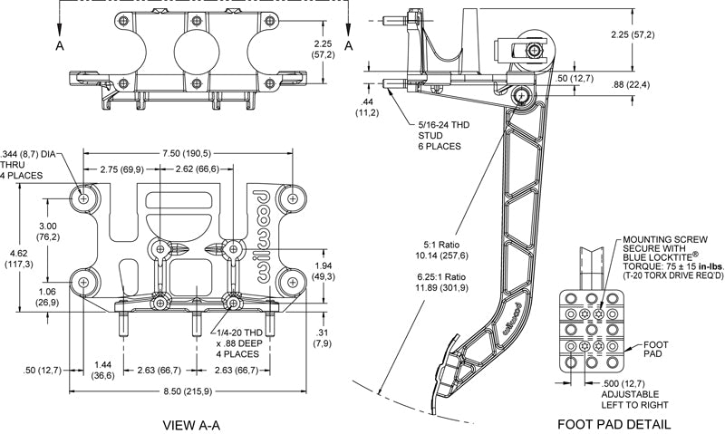 BRAKE & CLUTCH PEDALS,REVERSE SWING,STAGGERED,3 MASTER CYLINDERS,3/4",7/8",1"