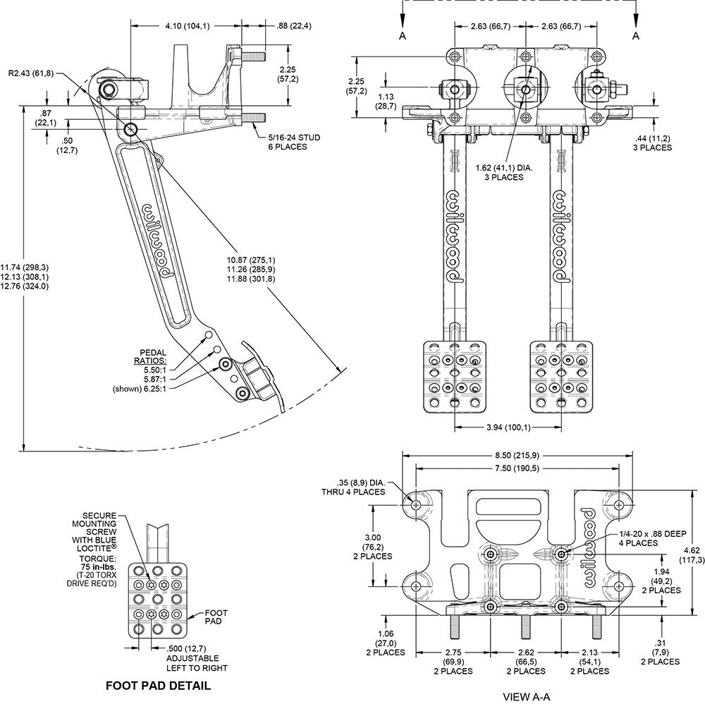BRAKE & CLUTCH PEDALS,REVERSE SWING,5.5-6.25:1,3 MASTER CYLINDERS,3/4",7/8",1"