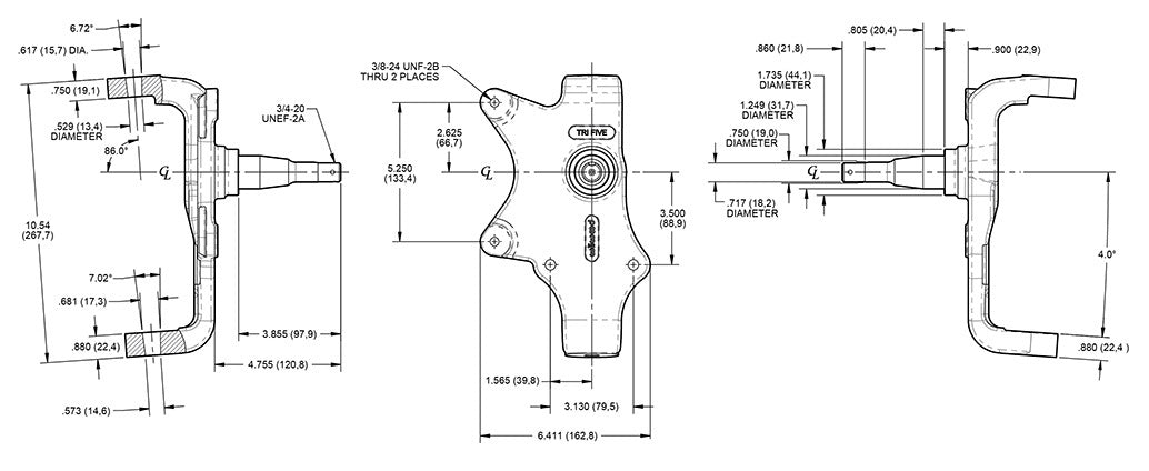 WWE TRI-FIVE PRO SPINDLE PAIR,55-57 CHEVY,2" DROP