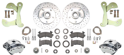 55-57 CHEVY DISC BRAKE CONVERSION KIT,11" DRILLED ROTORS,D154 POLISHED CALIPERS