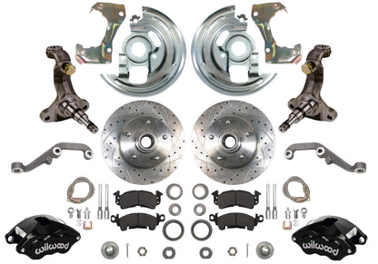 62-67 X-BODY DISC BRAKE & STOCK HEIGHT SPINDLE KIT,11" DRILLED ROTORS,BLACK WIL