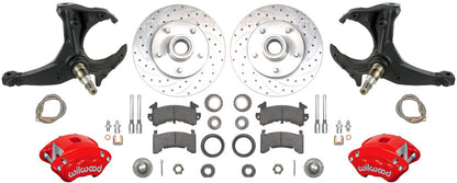 79-87 G-BODY DISC BRAKE & STOCK HEIGHT SPINDLE KIT,10.5" DRILLED ROTORS,RED WIL