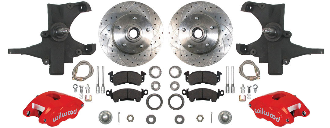 59-64 CHEVY DISC BRAKE & 2" DROP SPINDLE KIT,11" DRILLED ROTORS,RED WILWOOD