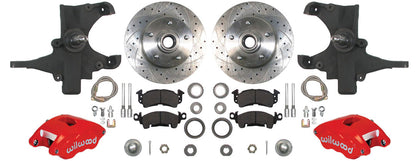 59-64 CHEVY DISC BRAKE & 2" DROP SPINDLE KIT,11" DRILLED ROTORS,RED WILWOOD