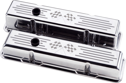 VALVE COVERS,SBC,CROSS FLAGS,SHORT,POLISHED