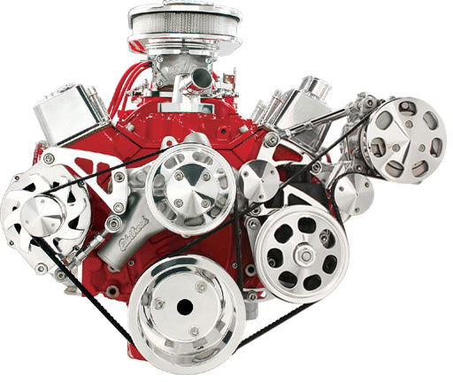 SBC,SERPENTINE CONVERSION,POLISHED PULLEYS,MID MOUNT ALTERNATOR,PRESS-ON PS,A/C