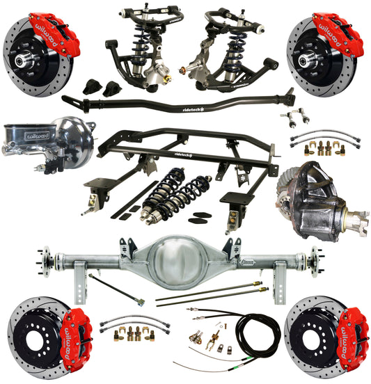 COILOVER & 4-LINK SYSTEM,CURRIE REAR END,WILWOOD 13" DRILLED BRAKES,RED,67-69