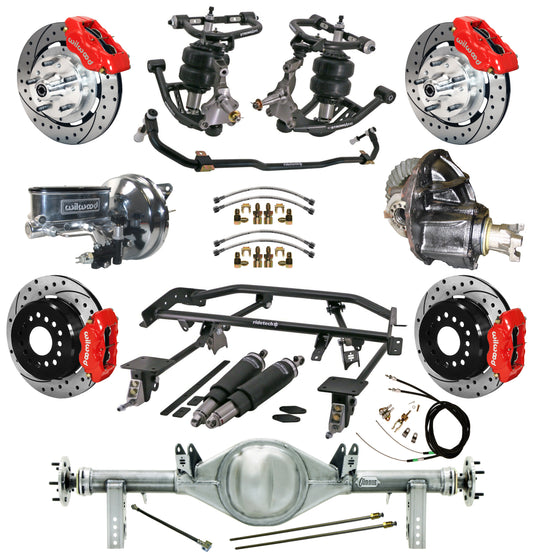 AIR RIDE & 4-LINK SYSTEM,CURRIE REAR END,WILWOOD 12" DRILLED BRAKES,RED,67-69