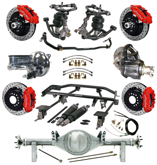 AIR RIDE & 4-LINK SYSTEM,CURRIE REAR END,WILWOOD 13" DRILLED BRAKES,RED,67-69