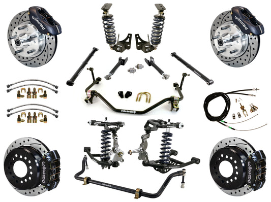 COILOVER SYSTEM,ARMS,BARS,WILWOOD 11" DRILLED BRAKES,BLACK CALIPERS,64-67 GM A-