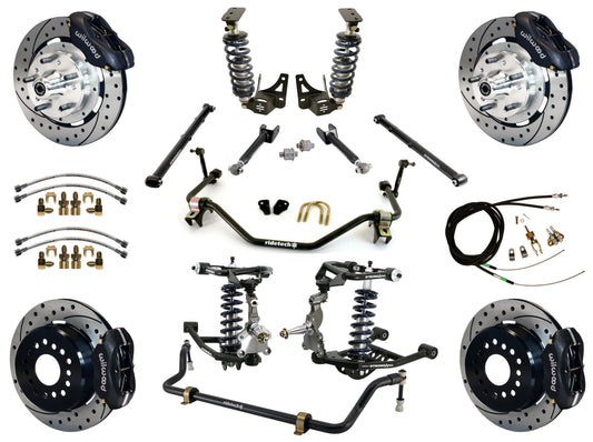 COILOVER SYSTEM,ARMS,BARS,WILWOOD 12" DRILLED BRAKES,BLACK CALIPERS,64-67 GM A-