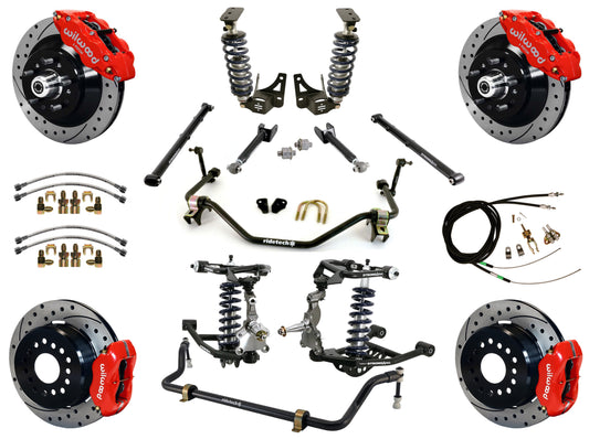 COILOVER SYSTEM,ARMS,BARS,WILWOOD 13"/12" DRILLED BRAKES,RED CALIPERS,64-67 A-