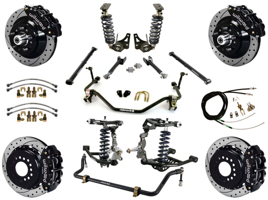 COILOVER SYSTEM,ARMS,BARS,WILWOOD 13" DRILLED BRAKES,BLACK CALIPERS,64-67 GM A-