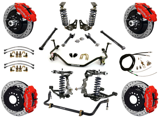 COILOVER SYSTEM,ARMS,BARS,WILWOOD 13" DRILLED BRAKES,RED CALIPERS,64-67 GM A-