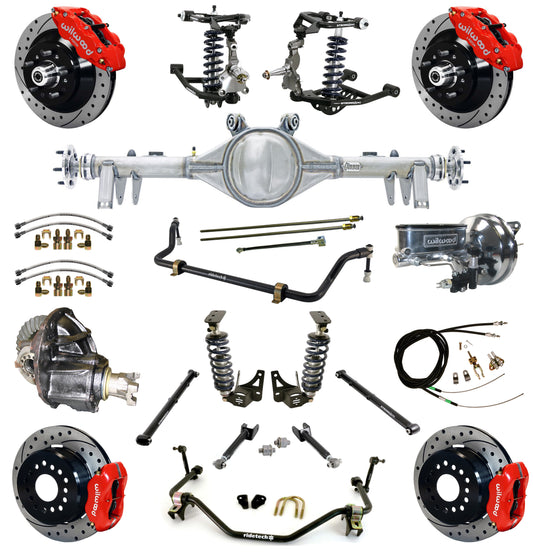 COILOVER SYSTEM,ARMS,CURRIE REAR END,WILWOOD 13"/12" DRILLED BRAKES,RED,64-67 A-