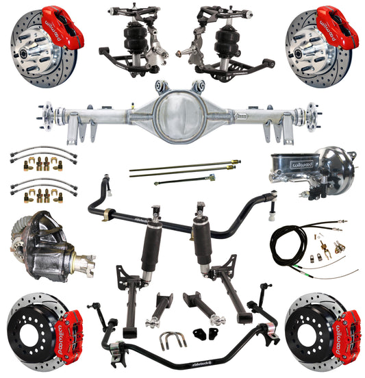 AIR RIDE SYSTEM,ARMS,CURRIE REAR END,WILWOOD 11" DRILLED BRAKES,RED,64-67 GM A