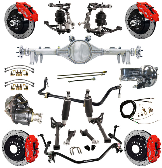AIR RIDE SYSTEM,ARMS,CURRIE REAR END,WILWOOD 13" DRILLED BRAKES,RED,64-67 GM A