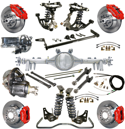 COILOVER SYSTEM,ARMS,BARS,CURRIE REAR END,WILWOOD 13"/12" BRAKES,RED,68-72 GM A-