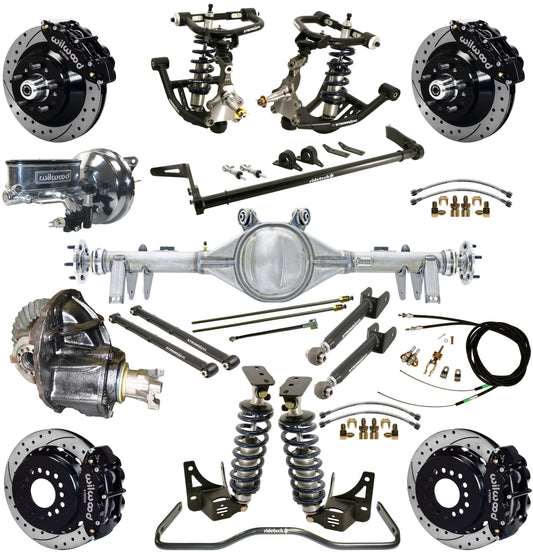COILOVER SYSTEM,ARMS,BARS,CURRIE REAR END,WILWOOD 13" DRILLED BRAKES,BLACK,68-72