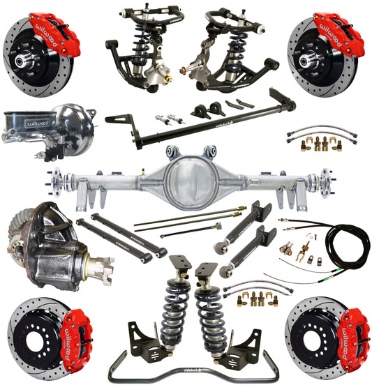 COILOVER SYSTEM,ARMS,BARS,CURRIE REAR END,WILWOOD 13" DRILLED BRAKES,RED,68-72 A