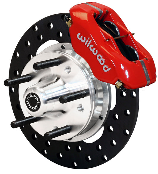 64-74 GM FRONT DRAG DISC BRAKE KIT,10.75" DRILLED ROTORS,4 PISTON RED CALIPERS