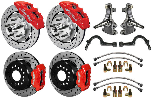64-72 GM A FULL DISC BRAKE KIT,2" DROP SPINDLES,ARMS,6 PIS. FRONT,12" DRILL,RED