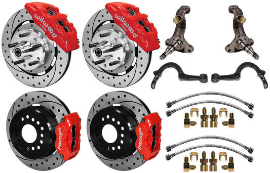 64-72 GM A FULL DISC BRAKE KIT,STOCK SPINDLES,ARMS,6 PIS. FRONT,12" DRILLED,RED