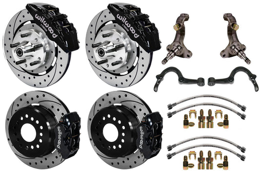 64-72 GM A FULL DISC BRAKE KIT,STOCK SPINDLES,ARMS,6 PIS. FRONT,12" DRILLED,BLCK