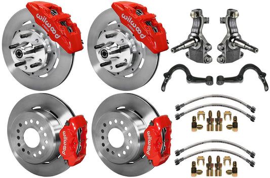 64-72 GM A FULL DISC BRAKE KIT,2" DROP SPINDLES,ARMS,6 PIS. FRONT,12" ROTORS,RED