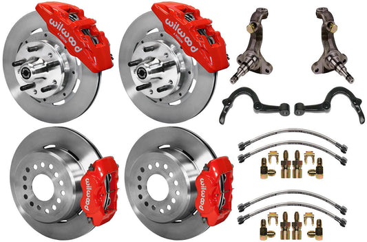 64-72 GM A FULL DISC BRAKE KIT,STOCK SPINDLES,ARMS,6 PIS. FRONT,12" ROTORS,RED