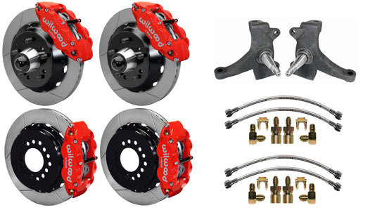 73-87 CHEVY C10 FULL DISC BRAKE KIT & RIDETECH SPINDLES,14"/13" ROTORS,RED CALIP