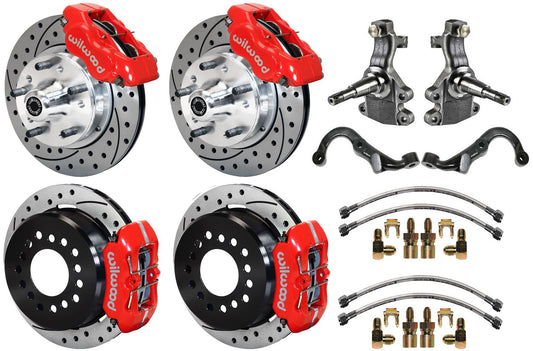 67-69 GM F-BODY FULL DISC BRAKE KIT & 2" DROP SPINDLES & ARMS,11" DRILLED,RED