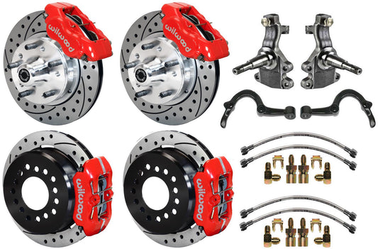 64-72 GM A-BODY FULL DISC BRAKE KIT & 2" DROP SPINDLES & ARMS,11" DRILLED,RED