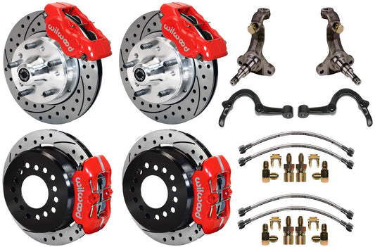 64-72 GM A-BODY FULL DISC BRAKE KIT & STOCK SPINDLES & ARMS,11" DRILLED,RED