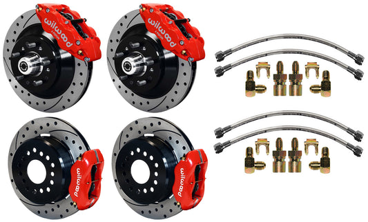 64-74 GM DISC BRAKE KIT,FRONT 13" & REAR 12" DRILLED ROTORS WITH LINES,RED CALIP
