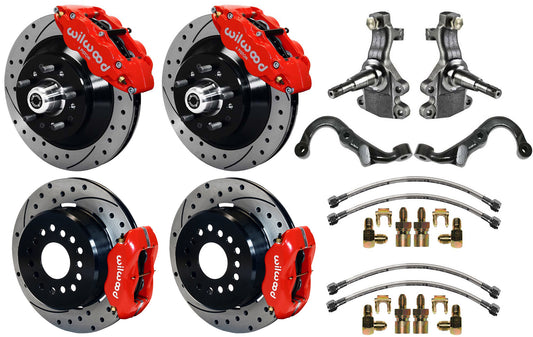 67-69 GM F-BODY FULL DISC BRAKE,2" DROP SPINDLES,ARMS,FRONT 13",REAR 12" DRL,RED