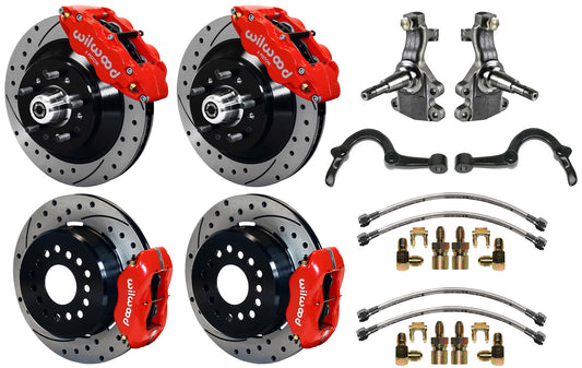 64-72 GM A-BODY FULL DISC BRAKE,2" DROP SPINDLES,ARMS,FRONT 13",REAR 12" DRL,RED