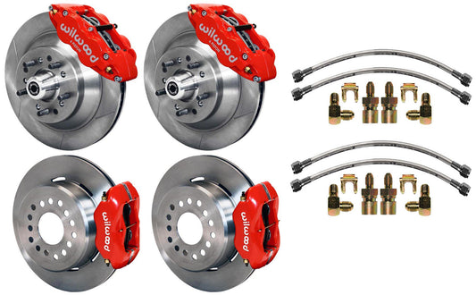 64-74 GM DISC BRAKE KIT,FRONT 13" & REAR 12" ROTORS WITH LINES,RED CALIPERS