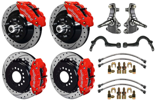 64-72 GM A-BODY FULL DISC BRAKE KIT & 2" DROP SPINDLES & ARMS,13" DRILLED,RED