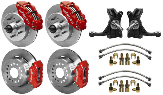 71-87 CHEVY C10 FULL DISC BRAKE KIT & WILWOOD IRON DROP SPINDLES,12" ROTORS,RED