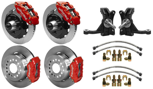 63-70 CHEVY C10 FULL DISC BRAKE KIT & WIL IRON DROP SPINDLES,13"/12" ROTORS,RED