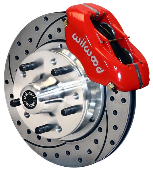 64-74 GM FRONT DISC BRAKE KIT,11" DRILLED ROTORS,4 PISTON DYNALITE RED CALIPERS