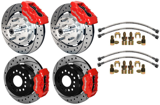 64-74 GM DISC BRAKE KIT,FRONT & REAR WITH LINES,12.19" DRILLED ROTORS,RED CAL.