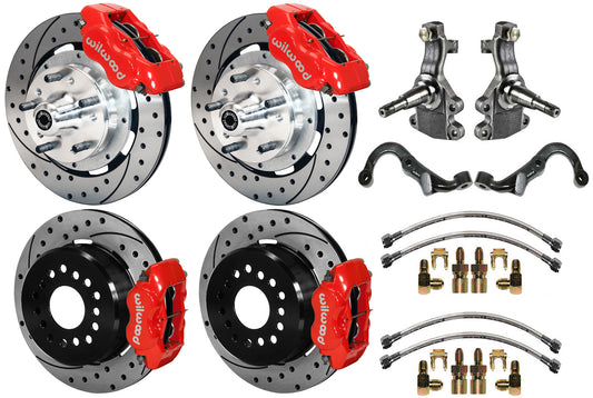 67-69 GM F-BODY FULL DISC BRAKE KIT & 2" DROP SPINDLES & ARMS,12" DRILLED,RED