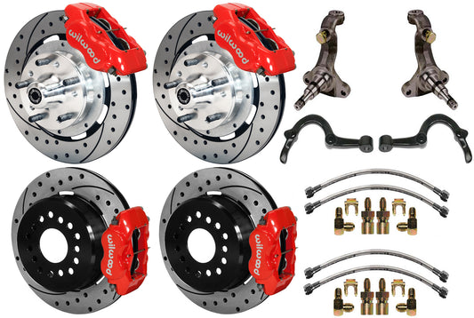 64-72 GM A-BODY FULL DISC BRAKE KIT & STOCK SPINDLES & ARMS,12" DRILLED,RED