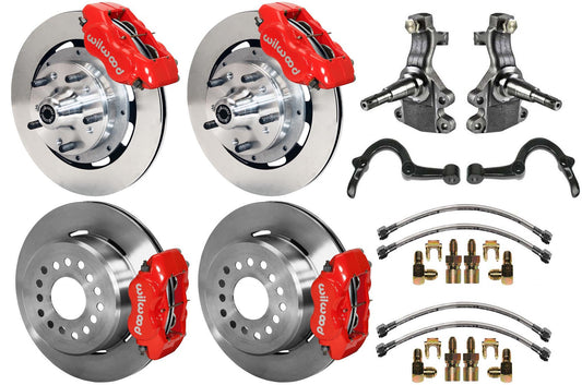 64-72 GM A-BODY FULL DISC BRAKE KIT & 2" DROP SPINDLES & ARMS,12" ROTORS,RED