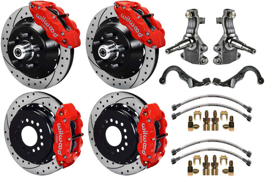 67-69 GM F-BODY FULL DISC BRAKE,2" DROP SPINDLES,ARMS,FRONT 14",REAR 13" DRL,RED