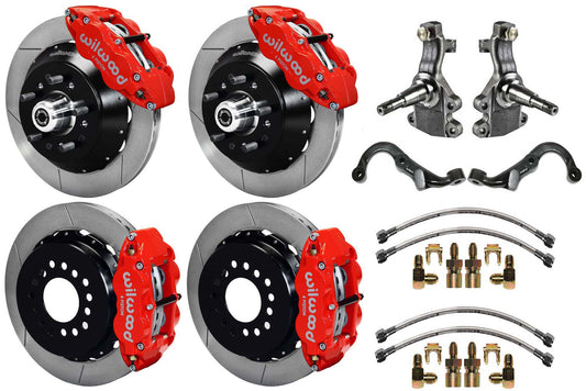 67-69 GM F-BODY FULL DISC BRAKE,2" DROP SPINDLES,ARMS,FRONT 14",REAR 13",RED