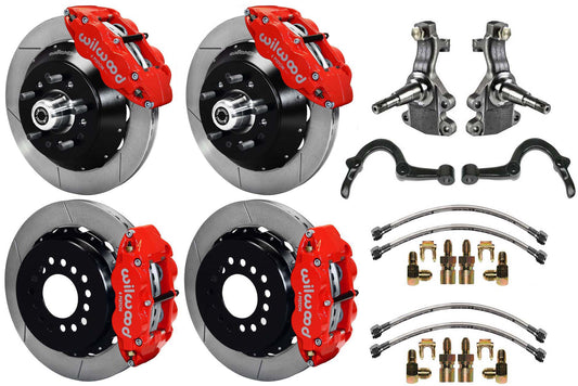 64-72 GM A-BODY FULL DISC BRAKE,2" DROP SPINDLES,ARMS,FRONT 14",REAR 13",RED